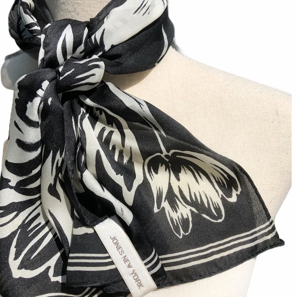 Black and Cream Floral Printed Silk Scarf | Jones New York